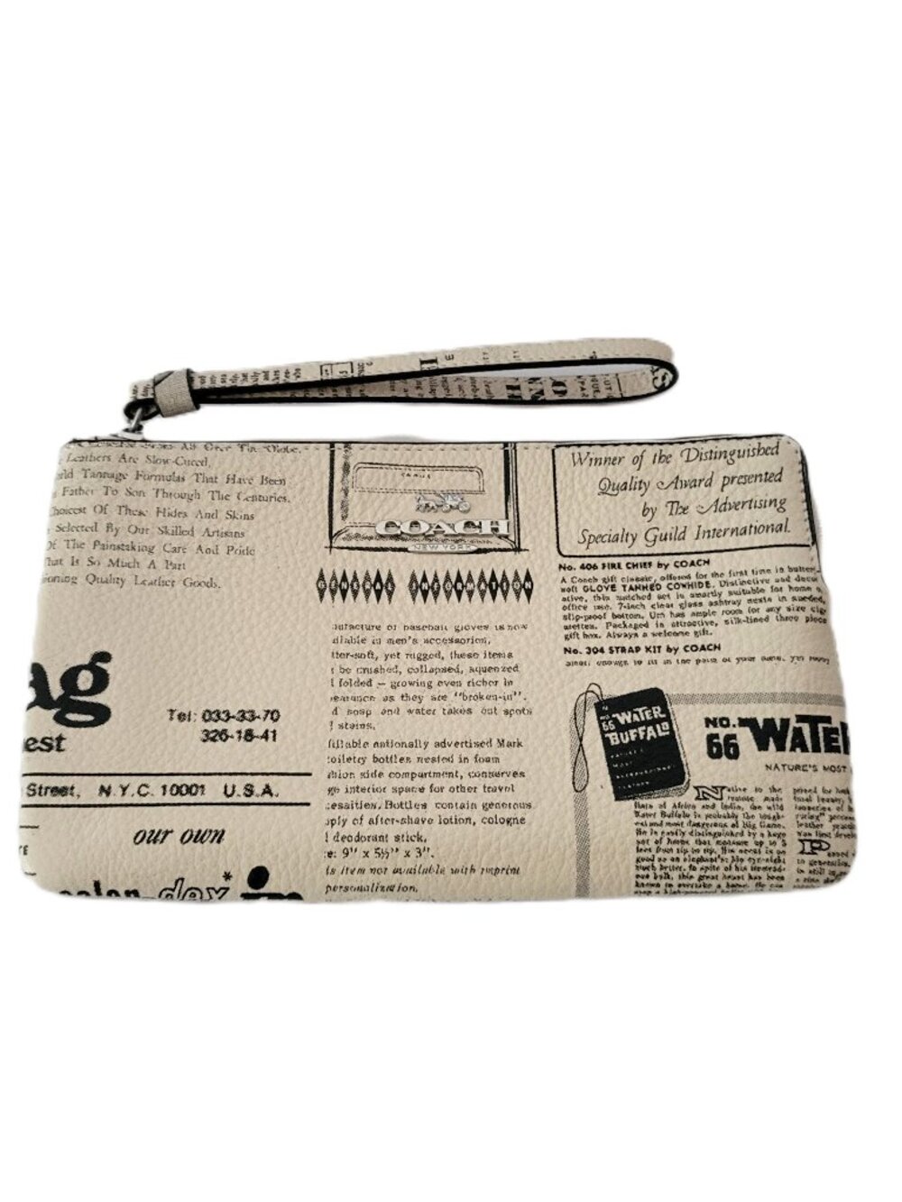Coach CDE80 Large Corner Zip Newspaper Print Leather Wristlet Clutch Chalk Multi